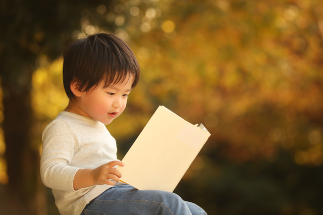 紅葉を背景に男の子が絵本のようなものを読んでいる。