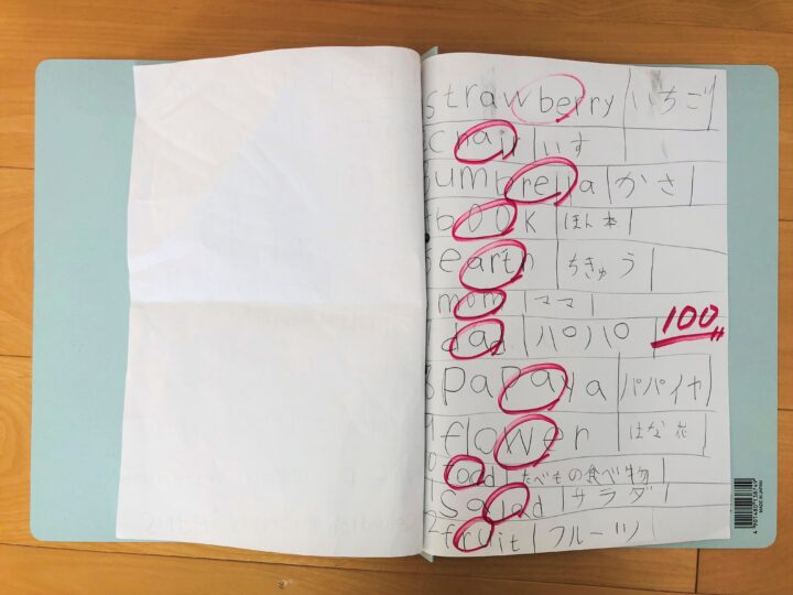 子どもが英語のライティングを練習した紙をつづった、青色のファイル